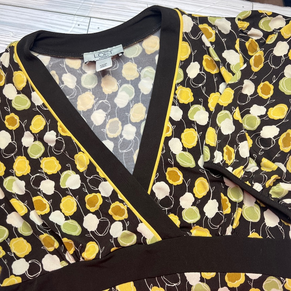 Vintage Ann Taylor LOFT Brown‎ Floral Surplice Top Size XXS Petite 90s/Y2K